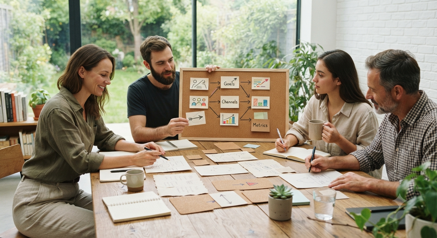 A team collaborating in a bright, natural office workspace around a wooden table, mapping out a comprehensive digital marketing strategy with sticky notes and sketches.