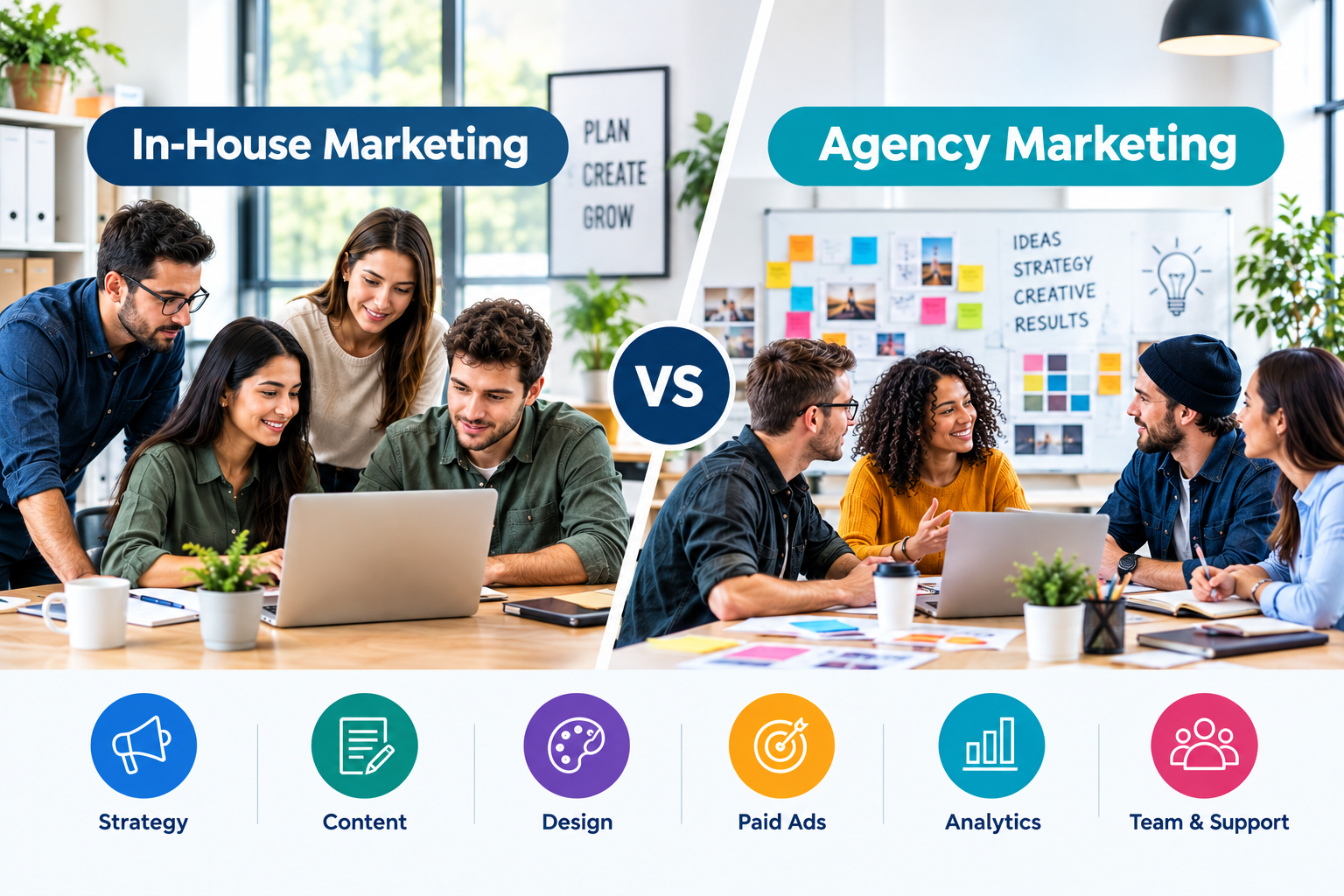 In house vs agency marketing comparison with teams and freelancer working setups