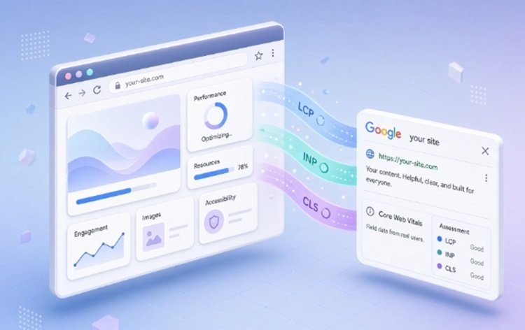 Clean technical illustration of a website sending Core Web Vitals metrics (LCP, INP, CLS) into a Google Search result card