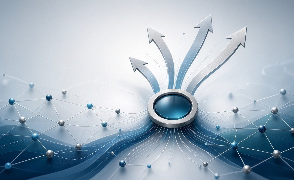Abstract visual representing b2b lead generation with interconnected nodes, data streams, and upward growth arrows flowing into a central hub