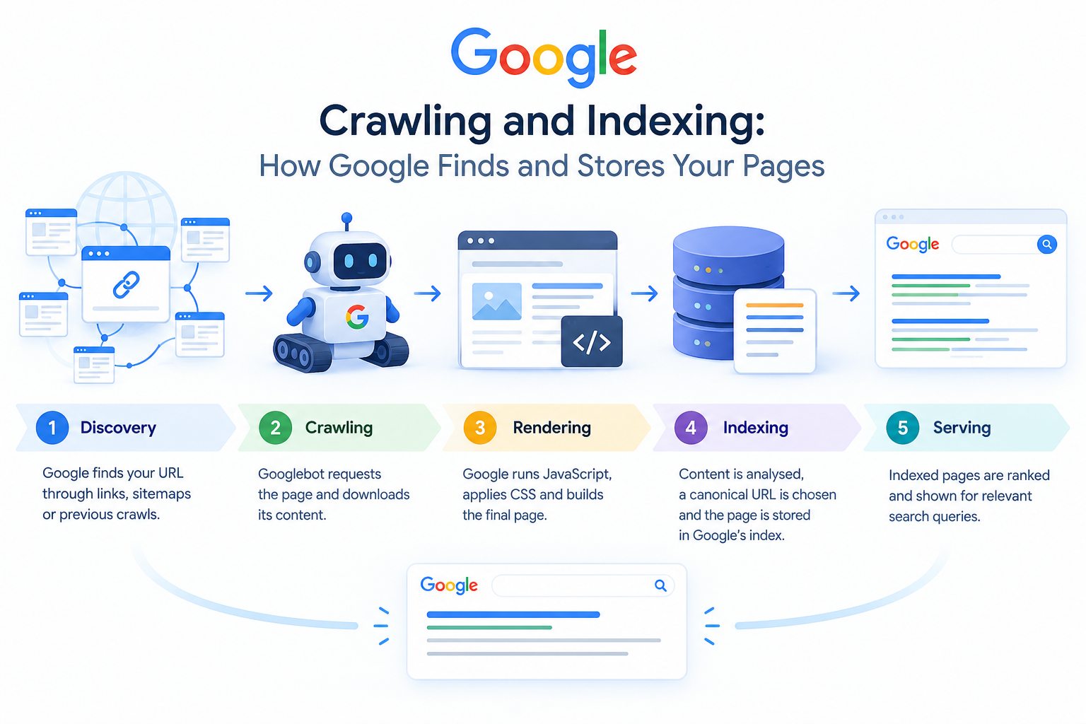 Crawling and indexing process showing how Google discovers, renders, and stores web pages in its search index.