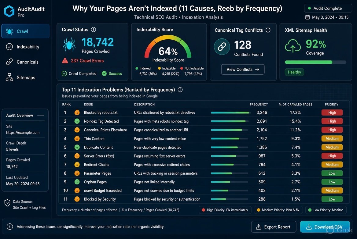 Technical SEO audit dashboard showing why pages not indexed with crawl, indexability, canonical and sitemap checks