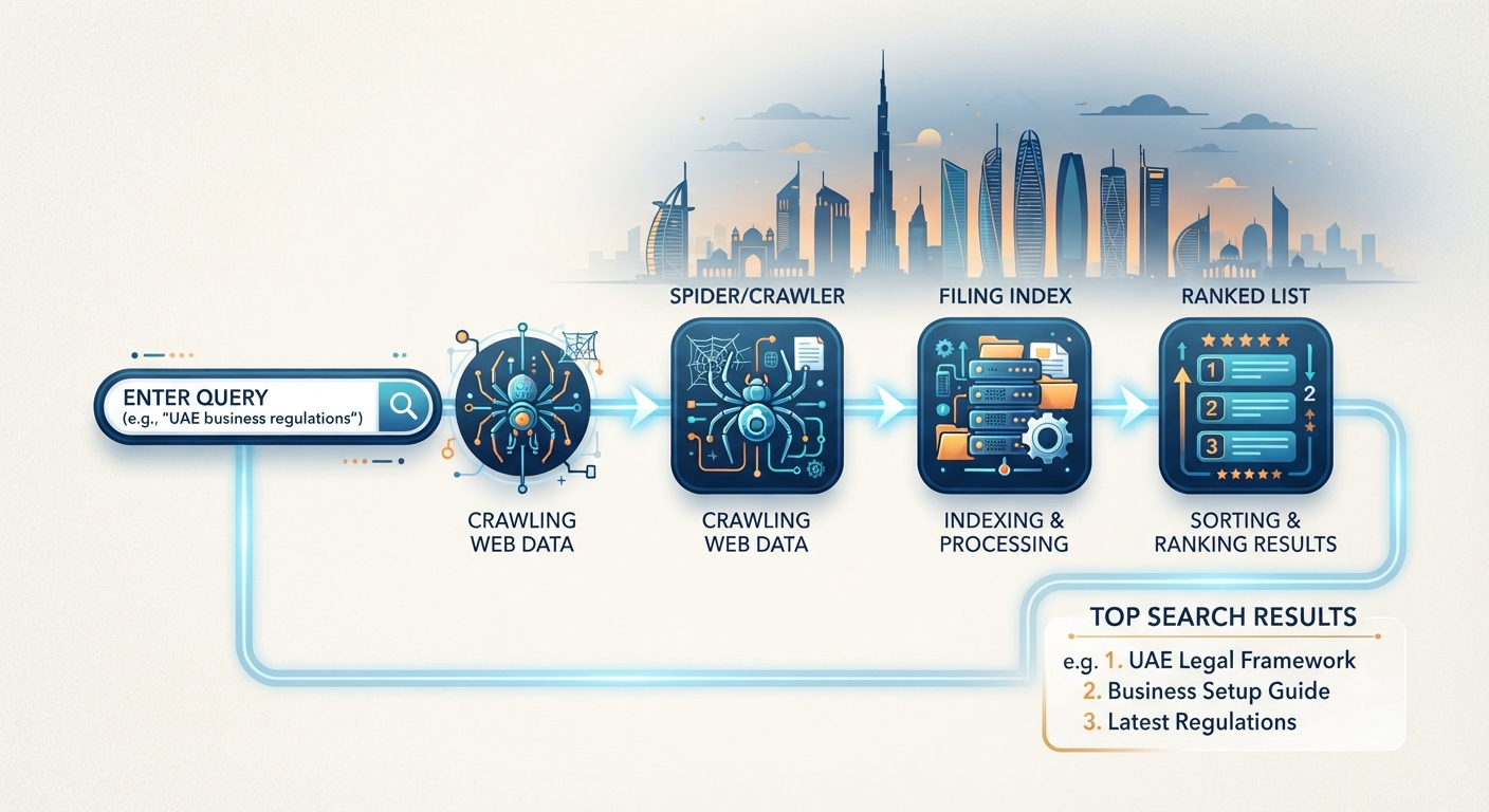 lean SEO diagram illustrating a search query flow into a web crawler spider, a filing index database, and a ranked list against a subtle UAE skyline backdrop.