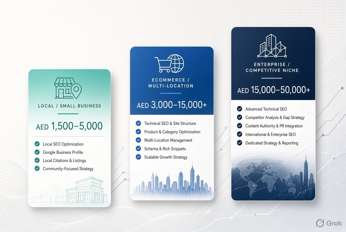 SEO cost comparison showing three pricing tiers: Local/Small Business AED 1,500–5,000, eCommerce/Multi-location AED 3,000–15,000+, and Enterprise/Competitive Niche AED 15,000–50,000+