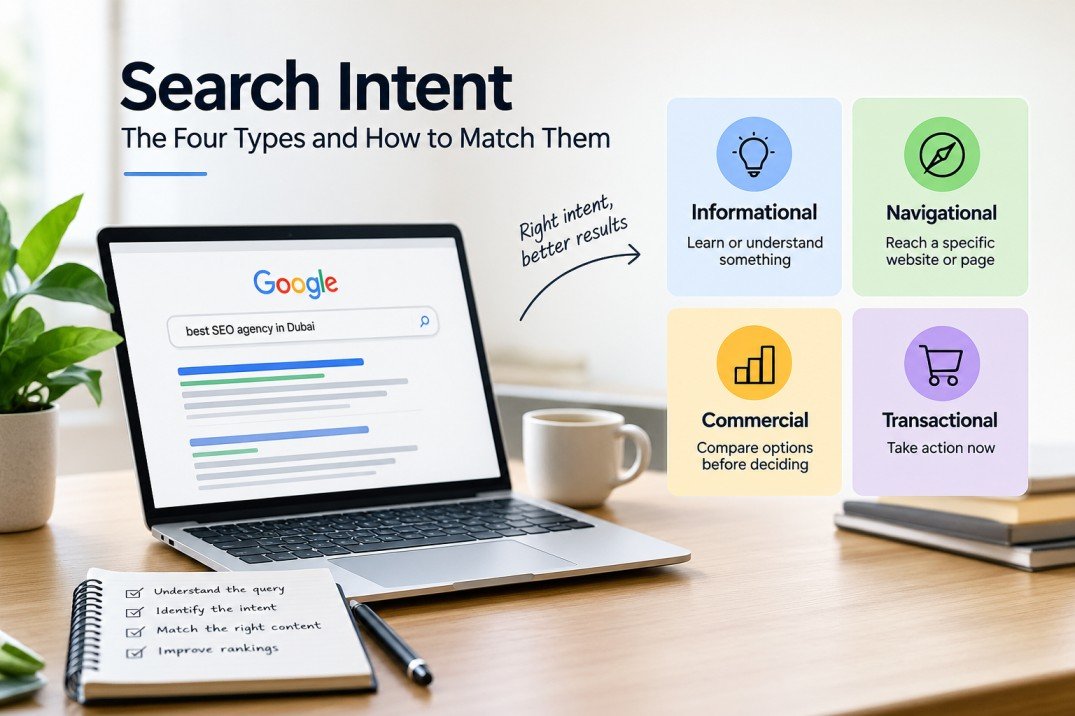 Search intent explained with four types: informational, navigational, commercial, and transactional SEO.