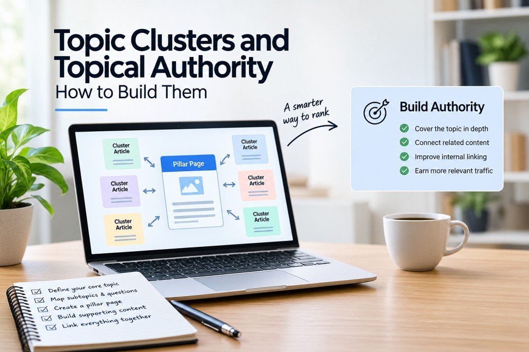 Topical authority SEO strategy showing a pillar page connected to related cluster articles through internal links.