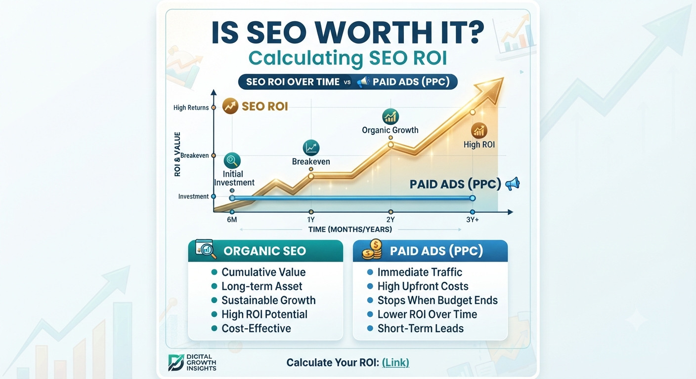 Infographic comparing SEO ROI over time against a flat PPC line, illustrating organic growth, cumulative value, and long-term asset returns.