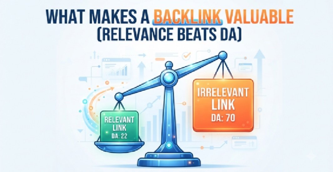 Infographic illustrating backlink quality featuring a balance scale where a relevant link with DA 22 outweighs an irrelevant link with DA 70, proving relevance beats domain authority.